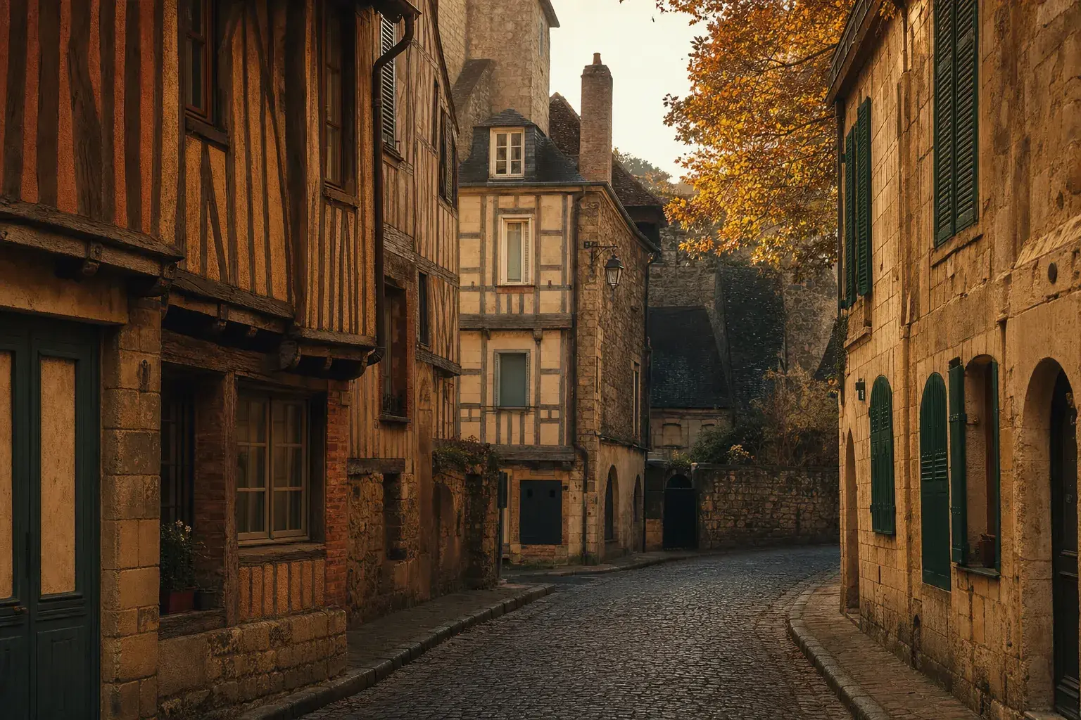 Une ruelle pavée de la Cité Plantagenêt, le vieux Mans, sous la lumière dorée de l'automne